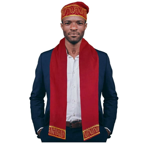 Red and Gold Embroidered African Hat and Sash/Scarf