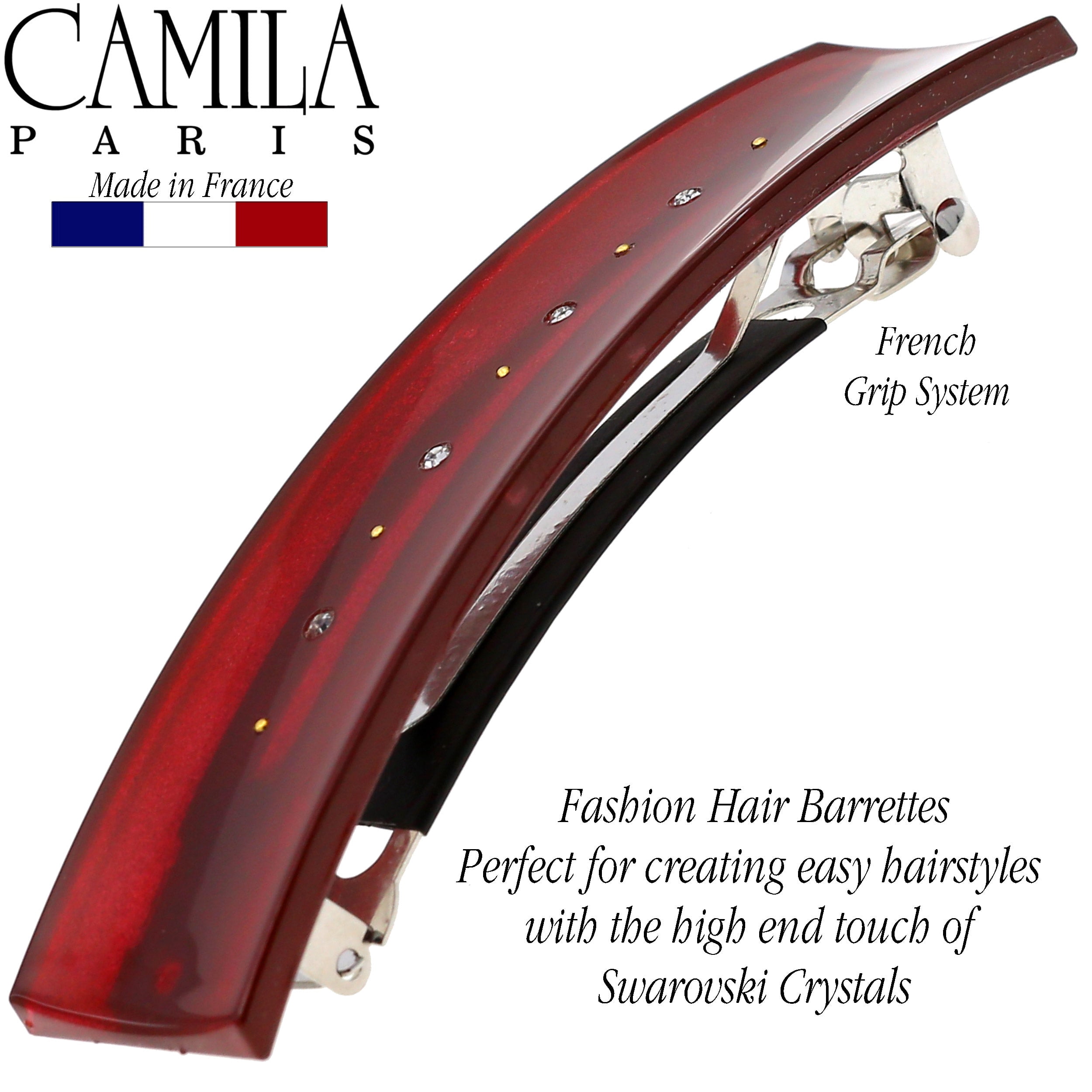 Camila Paris CP3190 French Hair Barrette Clip for Girls, Red, Rubberized Automatic Clasp Strong Hold Grip Hair Clips for Women, No Slip and Durable Styling Girls Hair Accessories, Made in France