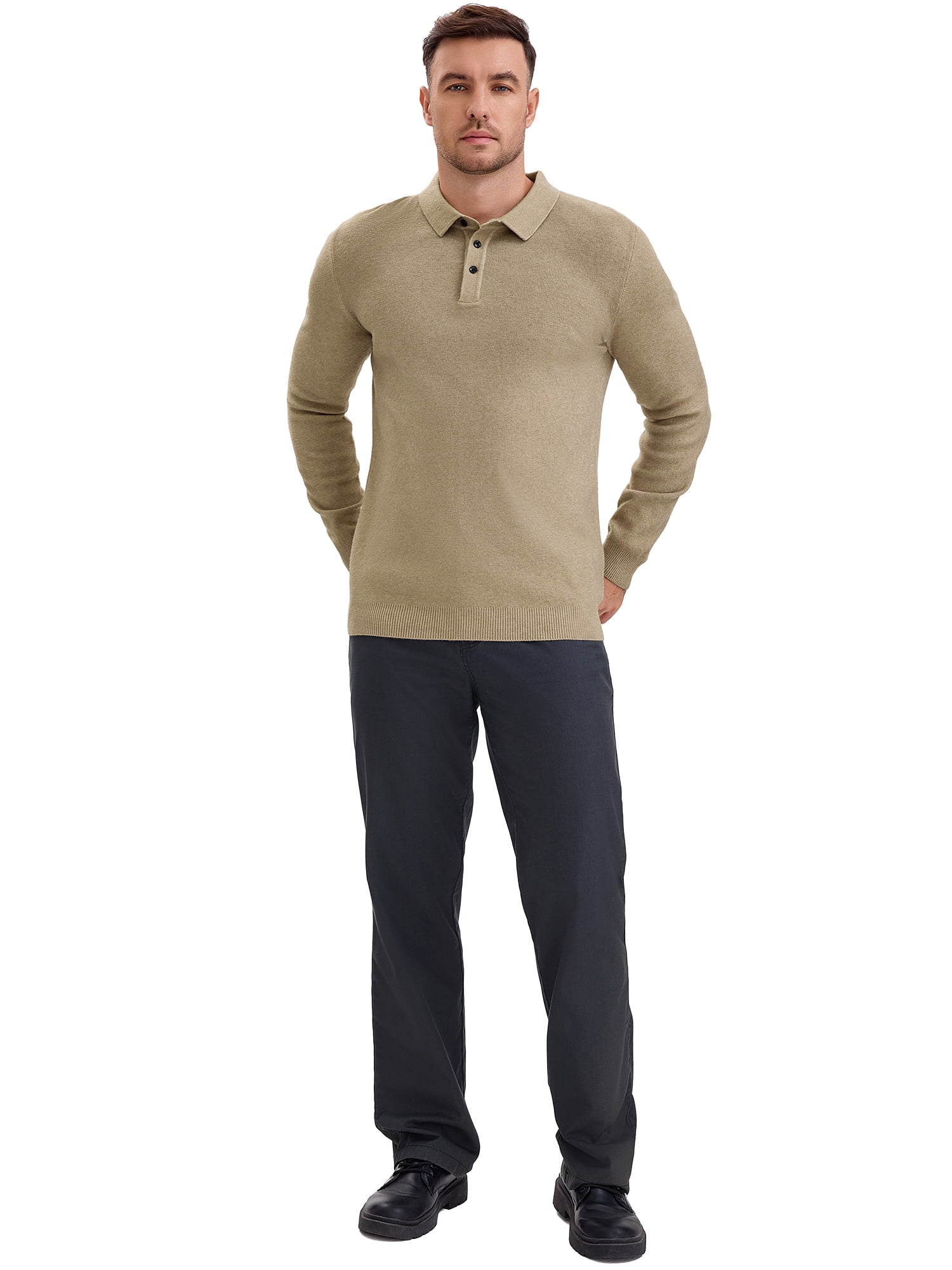 DARING DIVA Men's Long Sleeve Pullover Business Knitted Polo Shirt XL Khaki