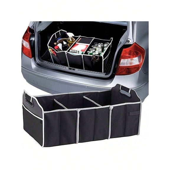 Universal Car Trunk Organizer, Heavy-Duty Collapsible Waterproof Cargo Storage Bag with 3 Adjustable Compartments, Portable Vehicle Neatness Caddy for SUV, Truck, Van, and Sedan