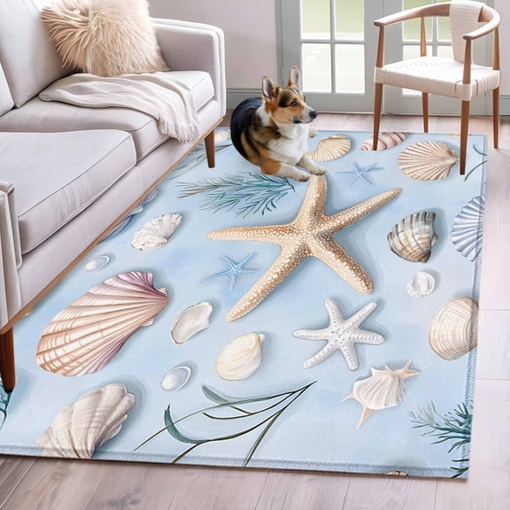 Coastal Starfish Area Rug 4x6 Washable Rug Non Slip Blue Summer Beach Nautical Ocean Large Area Rug Indoor Floor Carpet for Entryway Bedroom Kitchen Living Room Home Office Dining Room Nursery