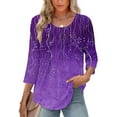 thumbnail image 2 of BangWanChi Women's New 3/4 Sleeve Round Neck Cover Casual Pleated Tunic Top Curved Hem Printed Fashion Tops, 2 of 6