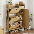 thumbnail image 5 of TROPOW Shoe Storage Cabinet,3 Tier Shoe Cabinet with Flip Drawers, Free Standing Narrow Shoe Storage Organizer with Adjustable Shelves, Shoe Rack Cabinet for Entryway, Fence On Top,Wood Color, 5 of 8