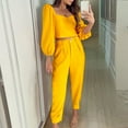 thumbnail image 2 of Women's Fall Casual 2 Piece Outfits Solid Color Long Sleeve Square Neck Ruched Crop Tops High Waist Capri Pants Sets, 2 of 6