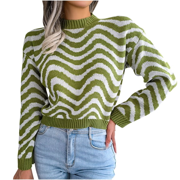 Striped Sweaters Womenhs Long Sleeve Crewneck Knit Cropped Tops Casual Cozy Tunic Pullover Jumpers