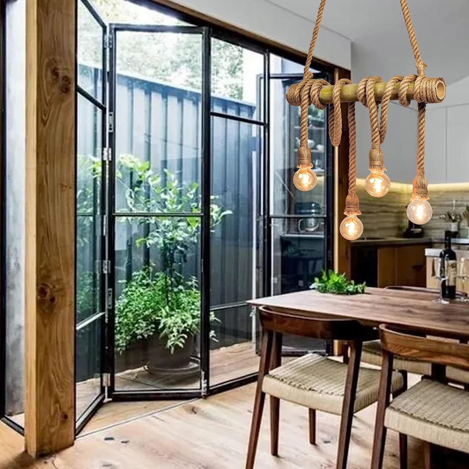 Arturesthome 4 Heads Hemp Rope Ceiling Pendant Light, Vintage Bamboo Chandeliers Decoration, Rustic Industrial Hanging Lamp for Bedroom Restaurant Cafe Bar
