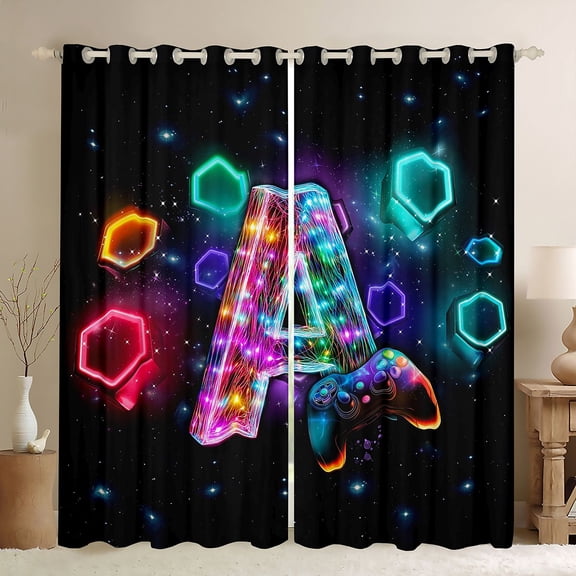 Homewish Neon Gaming Letter A Kitchen Curtains,Geometric Hexagon Black Out Curtains Pack of 2 (42x63 Each)
