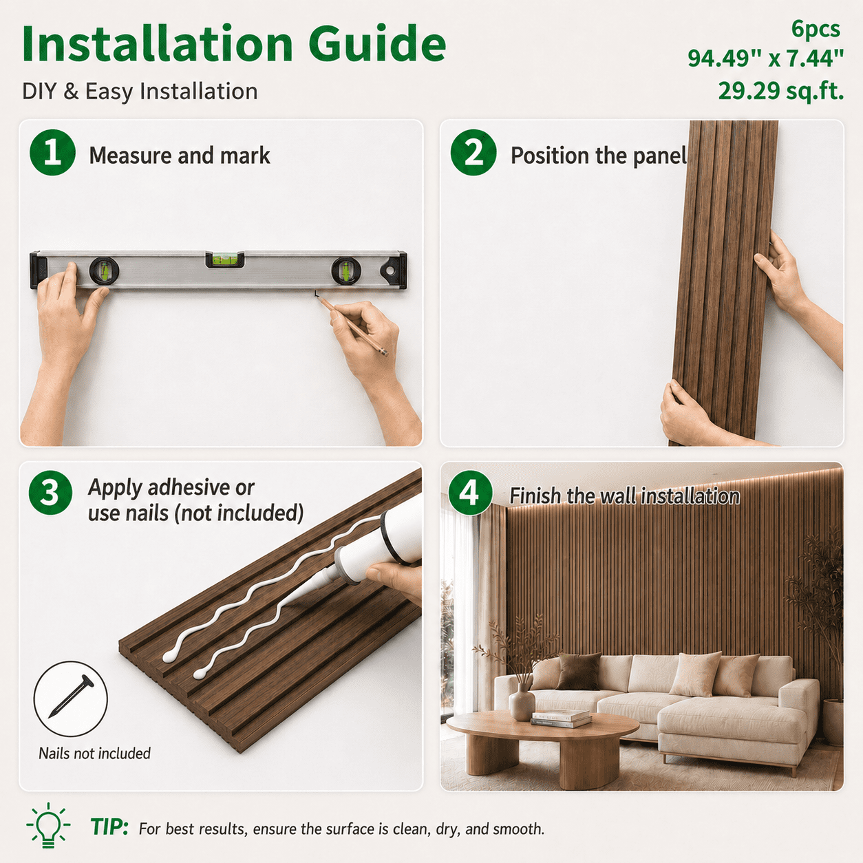 Yeslife 6 pcs Slat Wall Panels, 94.49 x 7.44 in, Walnut MDF, 3D Decorative Design for Interior Walls and Ceilings
