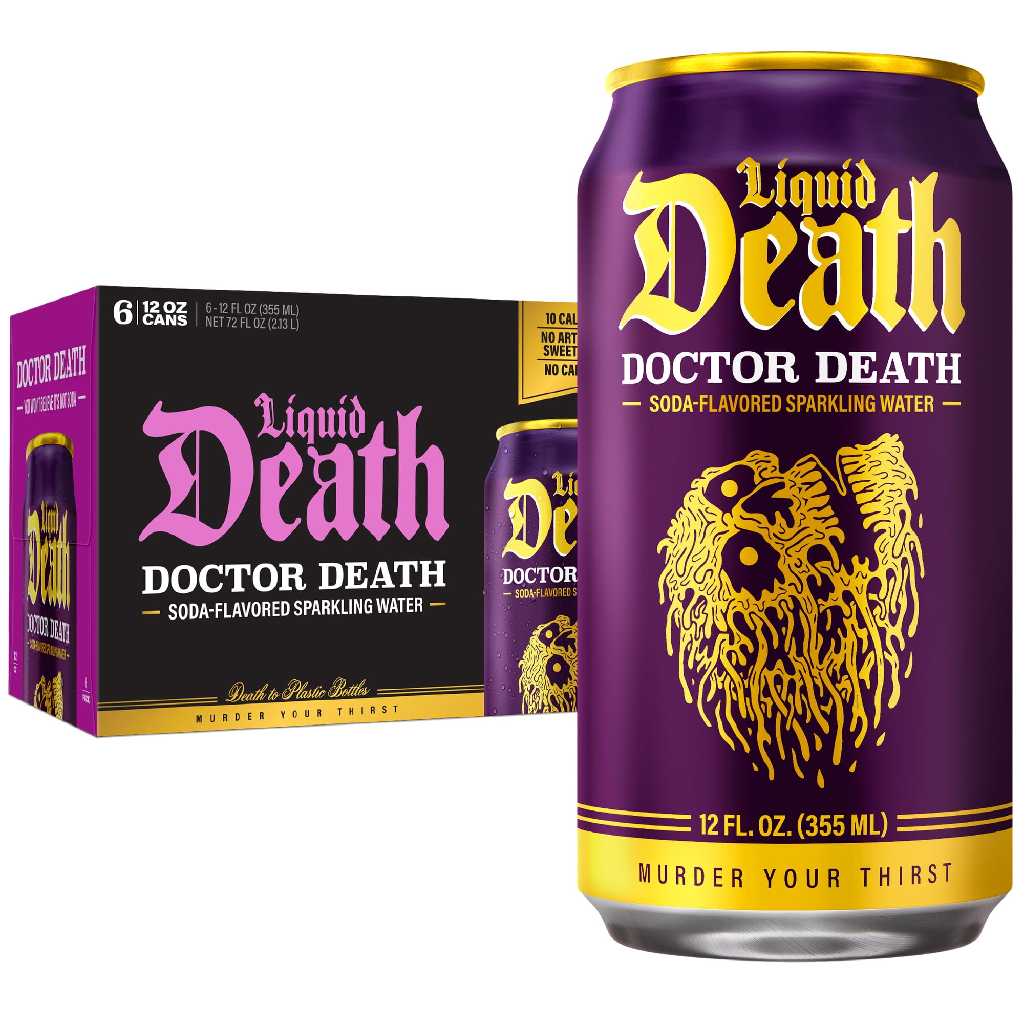 Liquid Death, Doctor Death, Soda-Flavored Sparkling Water, 6-Pack (12 fl oz Cans), Low Sugar, Huge Flavor and No Artificial Sweeteners