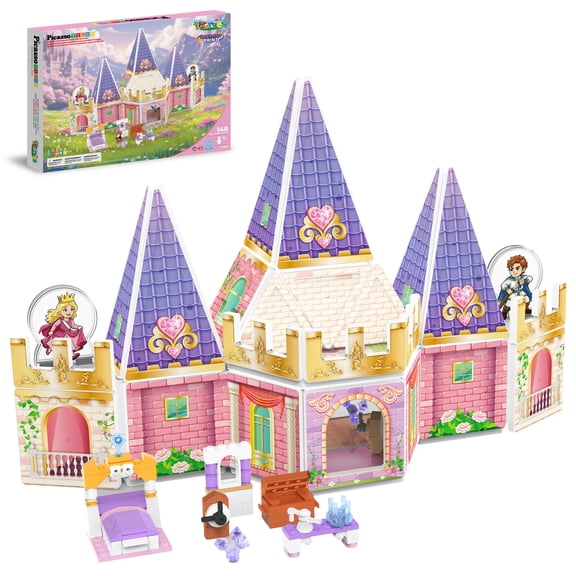 PicassoTiles 148PCS Magnetic Tiles Princess Castle Building Set, Brick Blocks with 2 Royal Figures, Panels & Accessories, STEM Learning Toy for Kids
