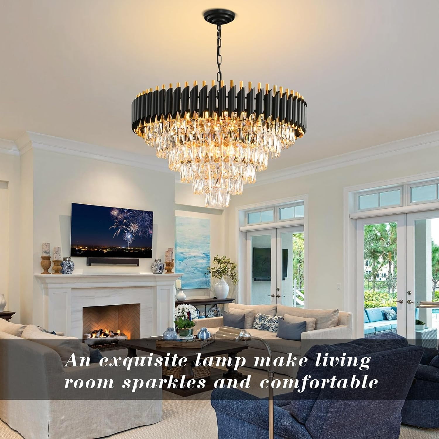 Modern Crystal Chandeliers for Dining Room 15-Light Black and Gold Chandelier Living Room Round 6 Tiers Contemporary Ceiling Hanging Light Pendant Light Fixture for Entryway Foyer Staircase W29”