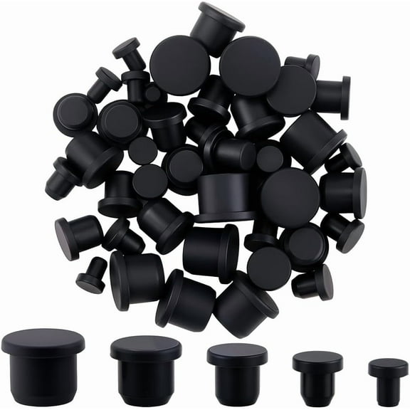 50Pcs 5 Sizes Black Hole Plugs Round Silicone Stoppers Assortment Kit Rubber Plugs Flexible Rubber Stopper Waterproof Tube T-Type Button Hole End Covers