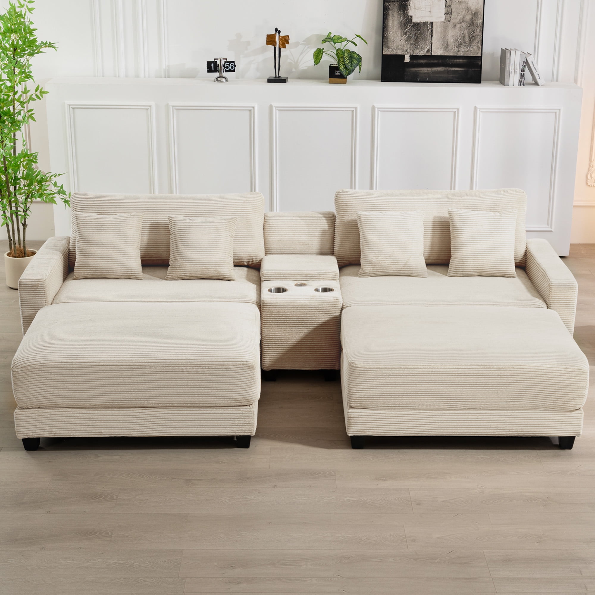 JUSTLET 111.8" Sectional Sofa with 2 Ottomans, U-Shaped Modern Modular Couch, Oversized Corduroy 4 Seat Sofa with Storage Box, USB & TYPE C Port and Two Cup Holders for Living Room, Beige