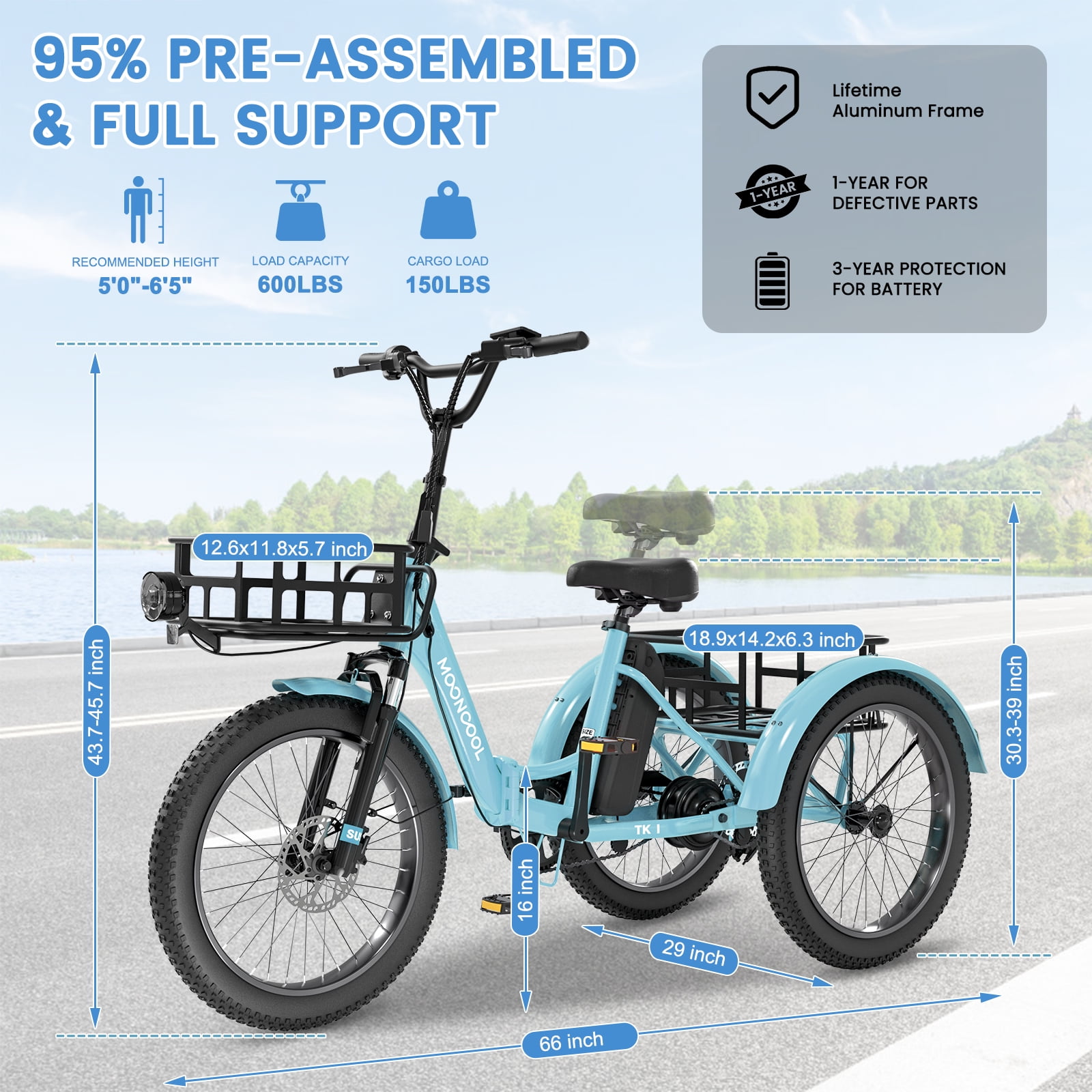 MOONCOOL Electric Tricycle for Adults, 20" Folding 3 Wheels Electric Bicycle, 48V 500W Motorized Three Wheel Ebike w/Aluminum Frame, Removable Battery and Basket