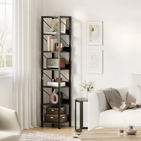 Tall Narrow Bookshelf for Office 6-Tier Freestanding Industrial Bookcase with Metal Frame Rustic Wooden Corner Storage Rack Display Shelf for Bedroom Living Room Home Office Farmhouse Style