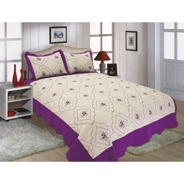 All For You 3pc Reversible Quilt Set Bedspread Or Coverlet 3 Diffe Sizes Purple And Cream White Color King 90 X 100 With Standard Pillow Shams Com 3pc Reversible Quilt Set Bedspread, Purple And Cream King Size Bedding