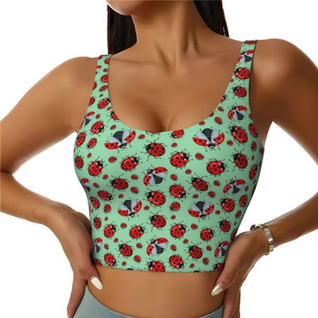 Adobk Ladybugs 3 Print Sports Bras for Women Longline Workout Crop Tank Tops Padded with Built in Shelf Padded Sports Bra-Large