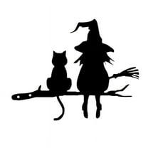 Iron Silhouette Cute Witch and Cat Garden Stake on the Branch Yard Art Decor, Tree Stump Plug-In, for Garden Courtyard