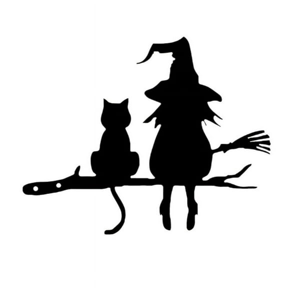 Iron Silhouette Cute Witch and Cat Garden Stake on the Branch Yard Art Decor, Tree Stump Plug-In, for Garden Courtyard