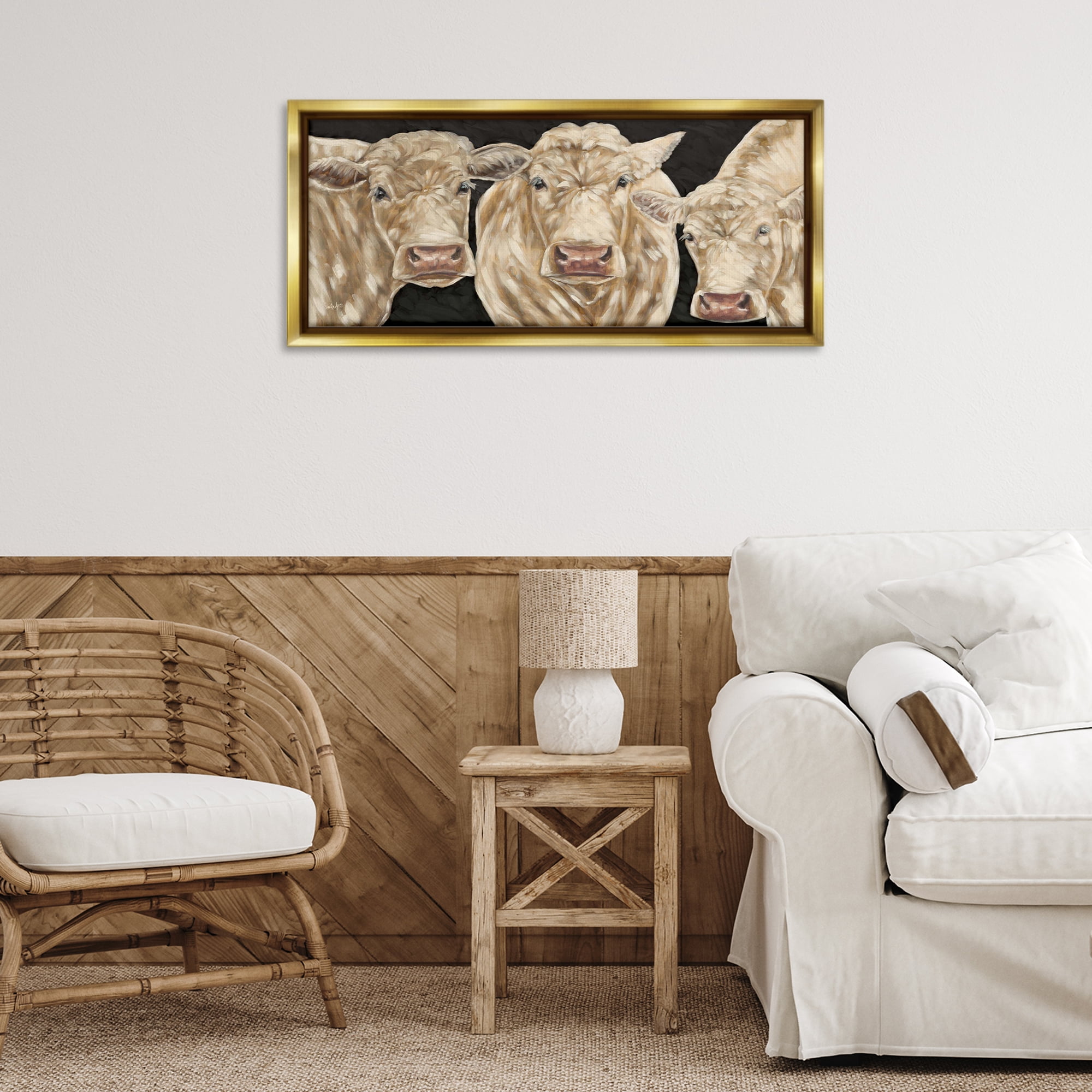 Stupell Industries Three Sheep on Black Animals Painting Gold Floater Framed Canvas Art Print Wall Art, 31 x 14