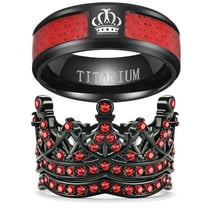 Matching Rings Black Crown Ring Couple Rings Red CZ Wedding Ring Sets for Him and Her