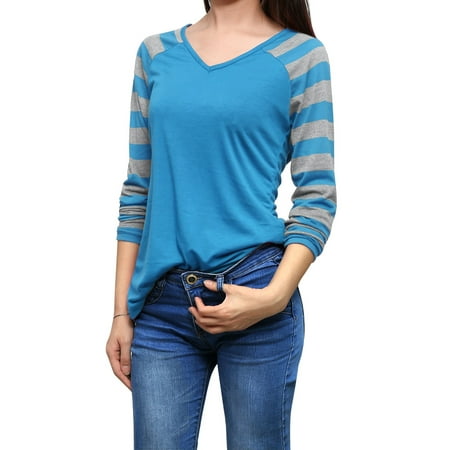 Unique Bargains Women's Long Raglan Sleeves V Neck Striped Tee Shirt Blue (Size L /
