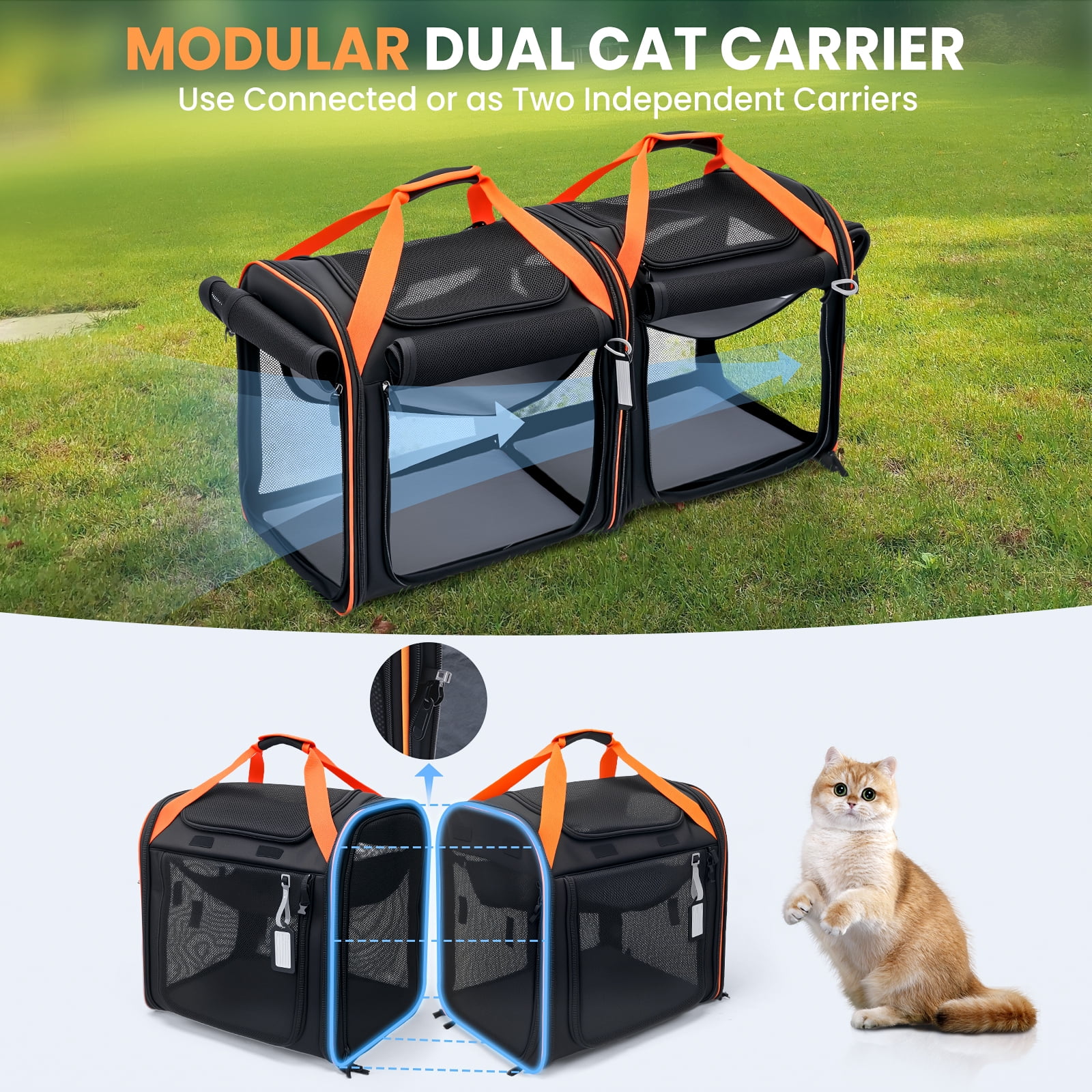 WheelX Portable Double Cat Carrier with Box for Multiple Animal 38x18x15in Large Cat Carrier with Safety Locking Zippers for Long Distance Travel