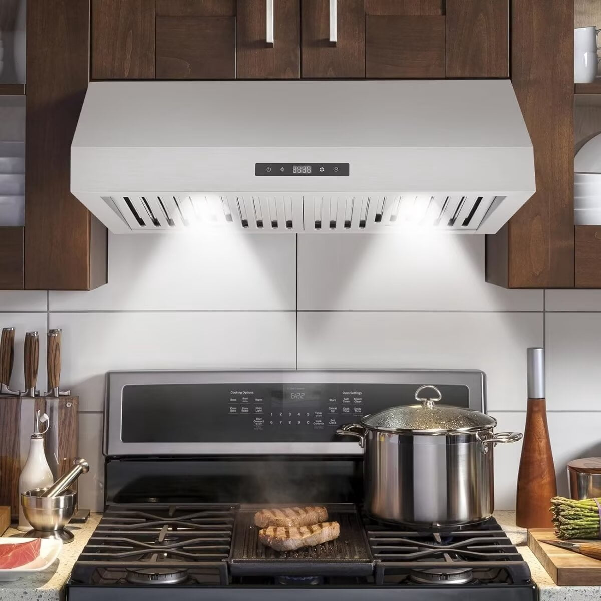 Range Hood 30 Inch, 400CFM Stainless Steel Kitchen Stove Vent Hood 3 Speed Exhaust Fan Touch, Wall Mount Range Hood with Ducted Ductless Convertible, Aluminum Filters