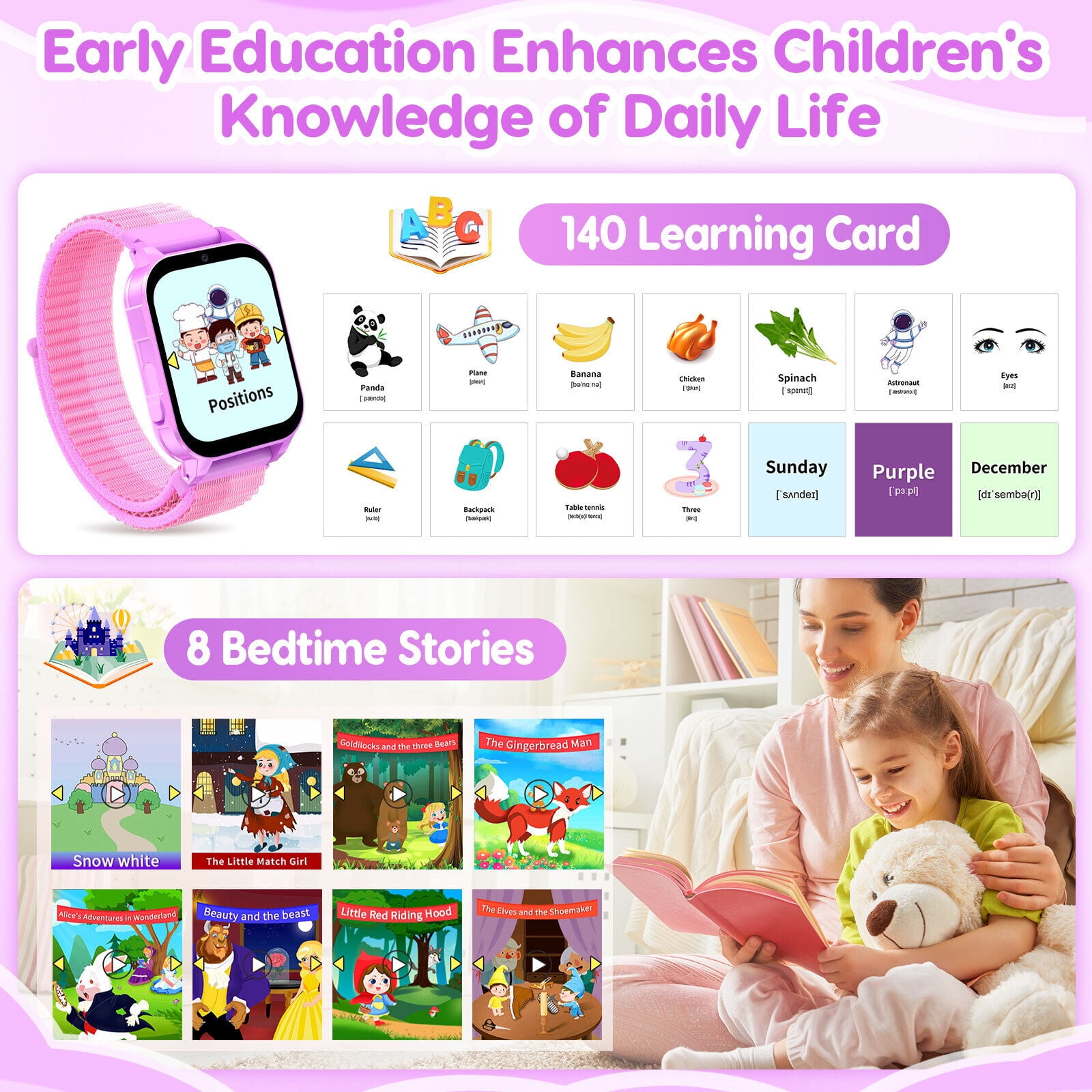 TOPCHANCES Kids Smart Watch for Boys Girls, Touch Screen Smartwatch with 30 Games, 140 Learning Cards, Storytelling, Camera, Video, Music Player, Pedometer (Purple)