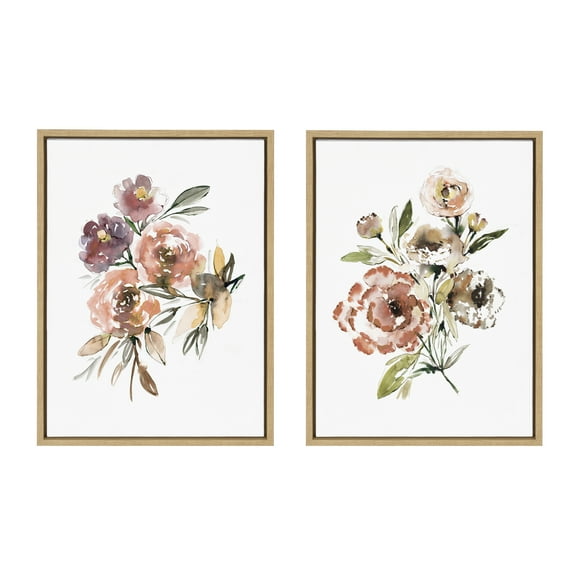 Kate and Laurel Sylvie Peach Roses and Floral Bouquet Muted Framed Canvas Wall Art Set by Sara Berrenson, 2 Piece 18x24 Natural, Soft Flower Bouquet Art for Wall