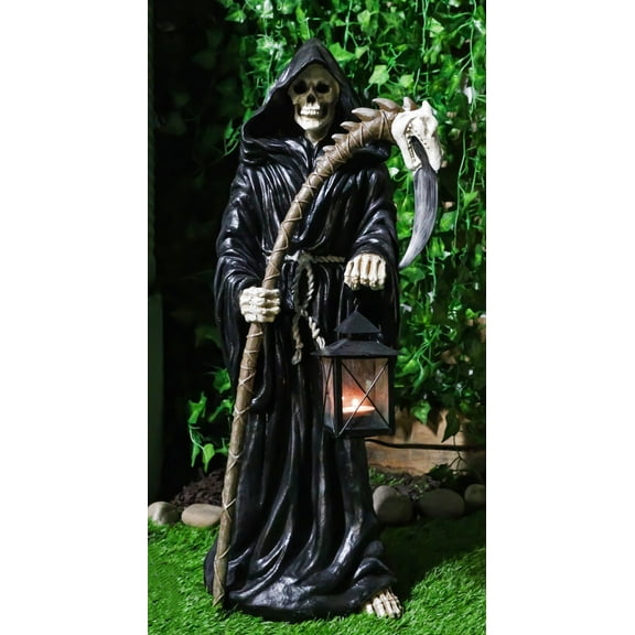 Time Waits For No Man Grim Reaper With Scythe And Votive Candle Lantern Statue