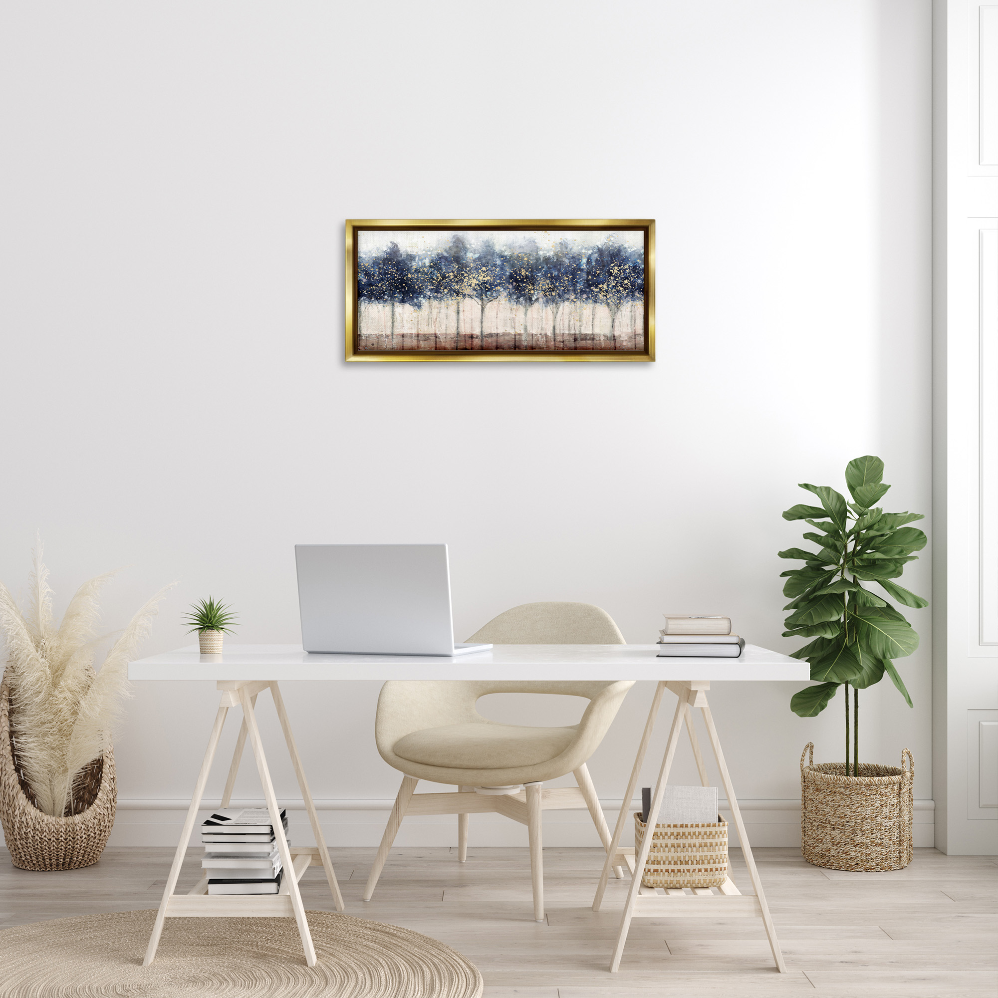 Stupell Industries Trees with Modern Splash Landscape Painting Gold Floater Framed Canvas Art Print Wall Art, 31 x 14