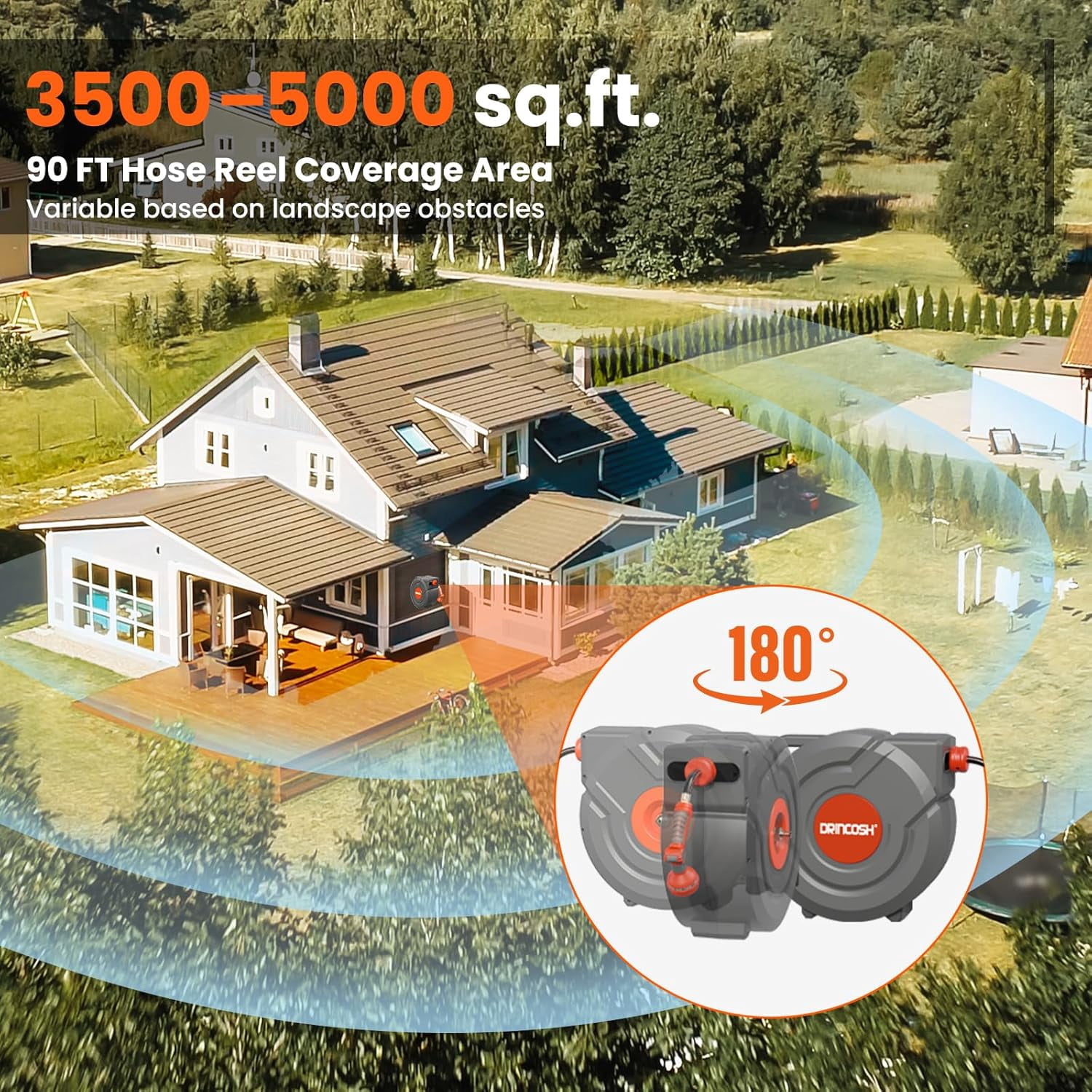 DRINCOSH Retractable Garden Hose Reel  ，5/8 in 90 ft Heavy Duty Wall-Mounted ，180°Swivel Automatic Slow Return Any Length Lock ，9 Pattern Nozzle UV Resistant