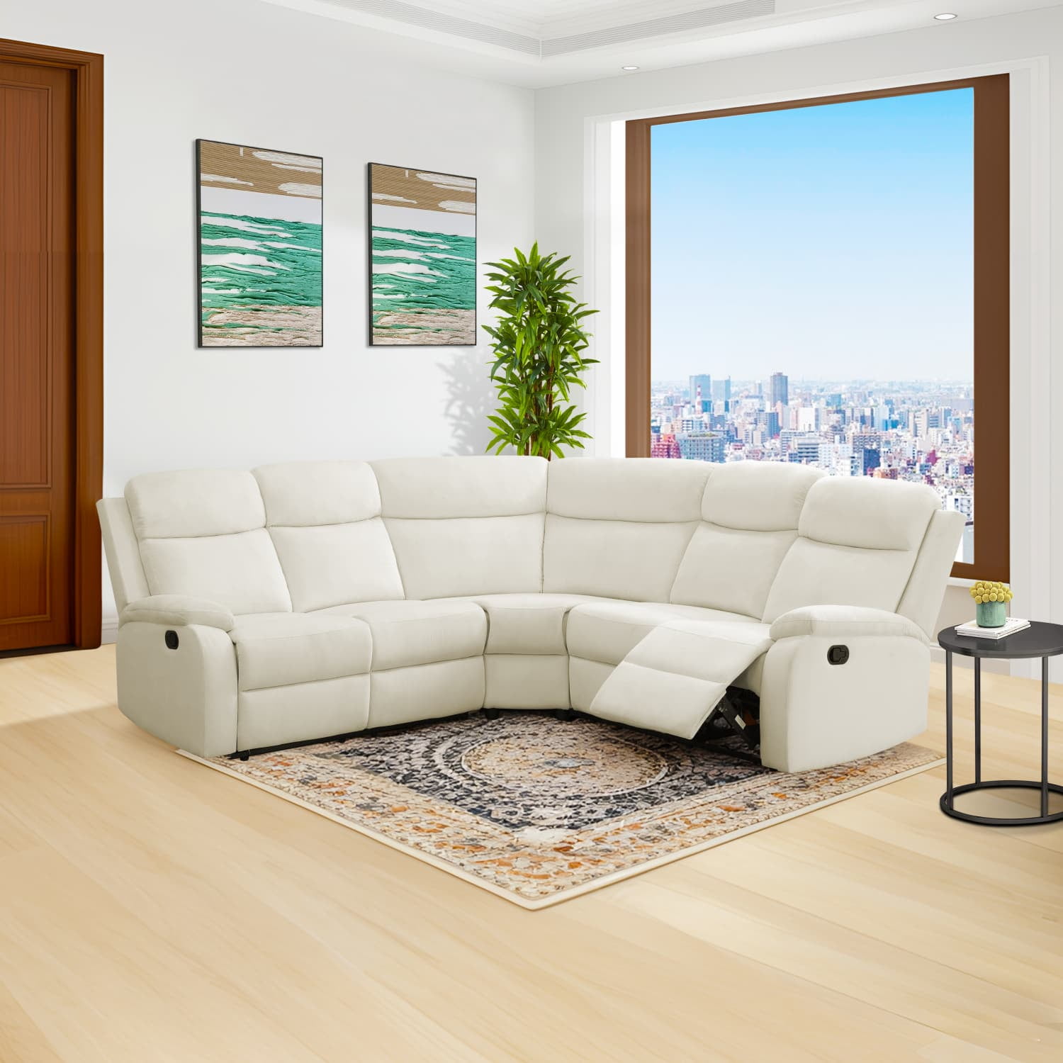 3-Piece Sofa Set Off-White Fluff Fabric Modern Sectional with Adjustable Backrest, High-Density Sponge & Double Spring System for Living Room