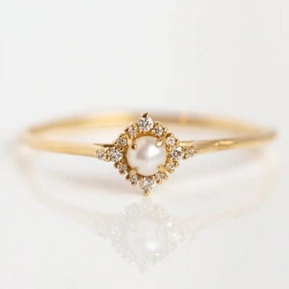 925 Yellow Gold Diamond Pearl Ring Dainty Freshwater Pearl Ring Natural Pearl Ring With Diamond Engagement Ring Christmas Day Gift