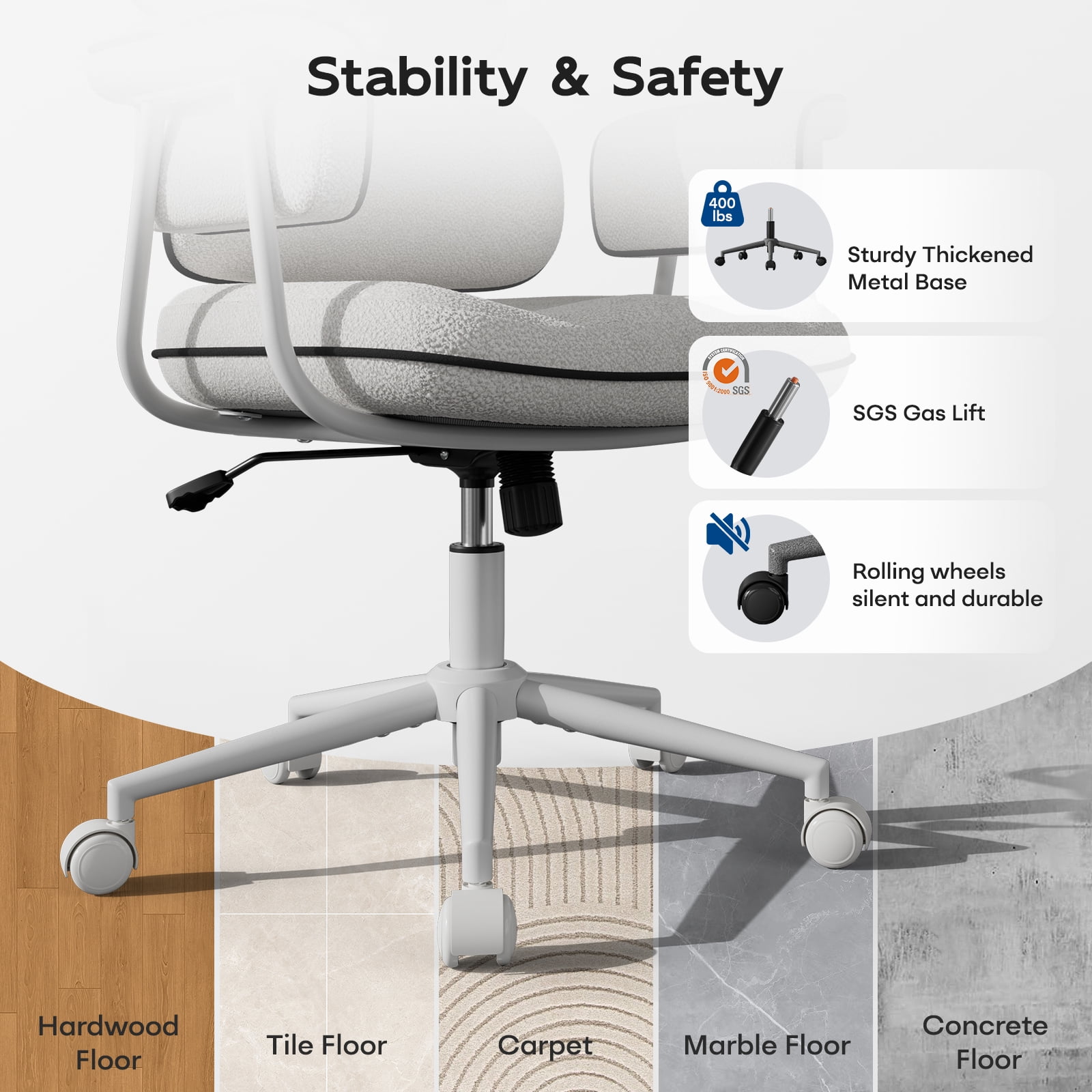 HomeZeer Executive Mid Century Modern Office Chair, White Linen Fabric with Memory Foam Wide Seat, Split Back, Padded Arms & Adjustable Height, Vintage Desk Chair for Home Office, Wheels Included