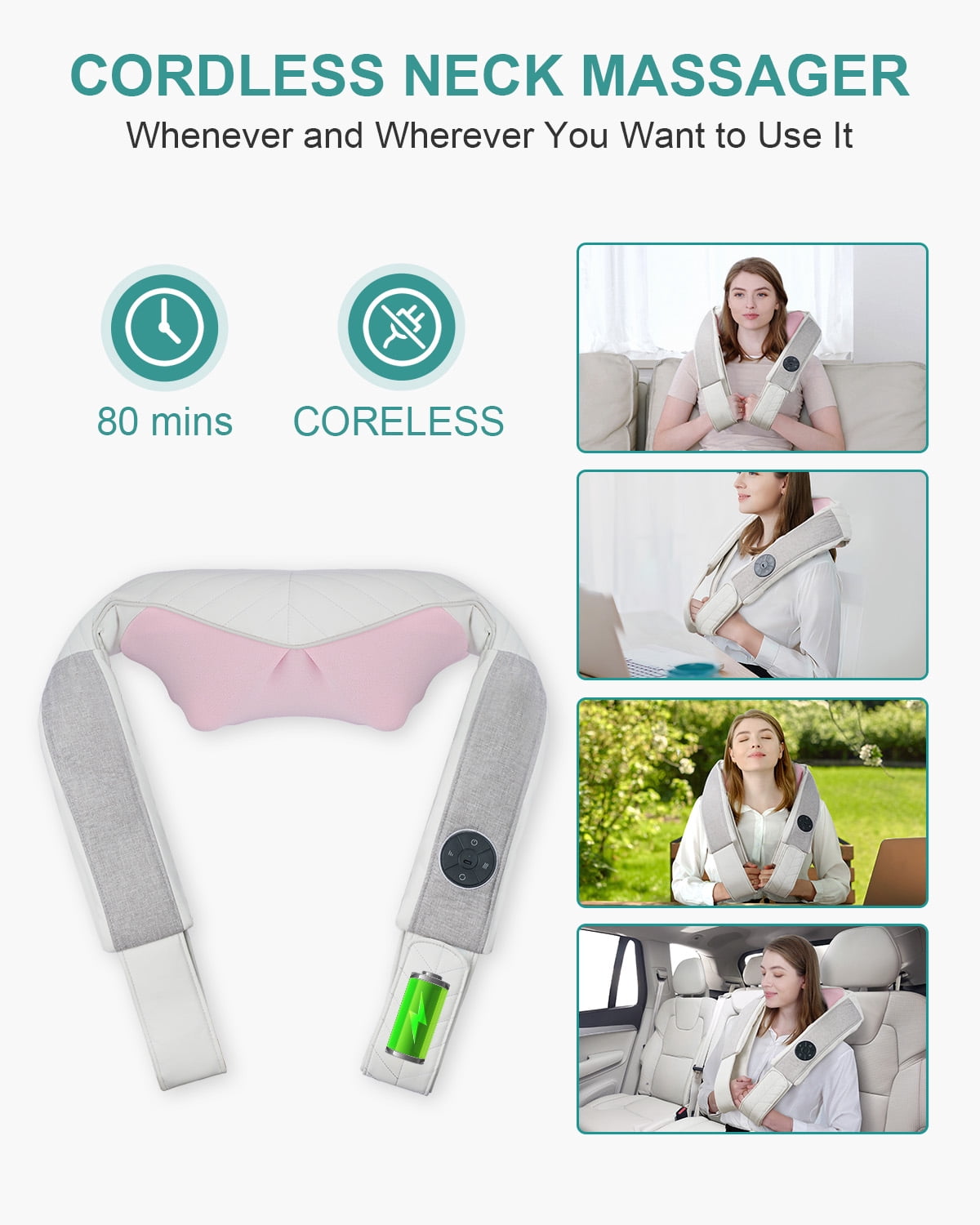 Nekteck Neck Massager Cordless Shiatsu Neck and Should Massager with Heat for Pain Relief Deep Tissue, Portable Kneading Back Massage Pillow, Gifts for Mom Dad Women Men, Office/Work/Car/Home Use