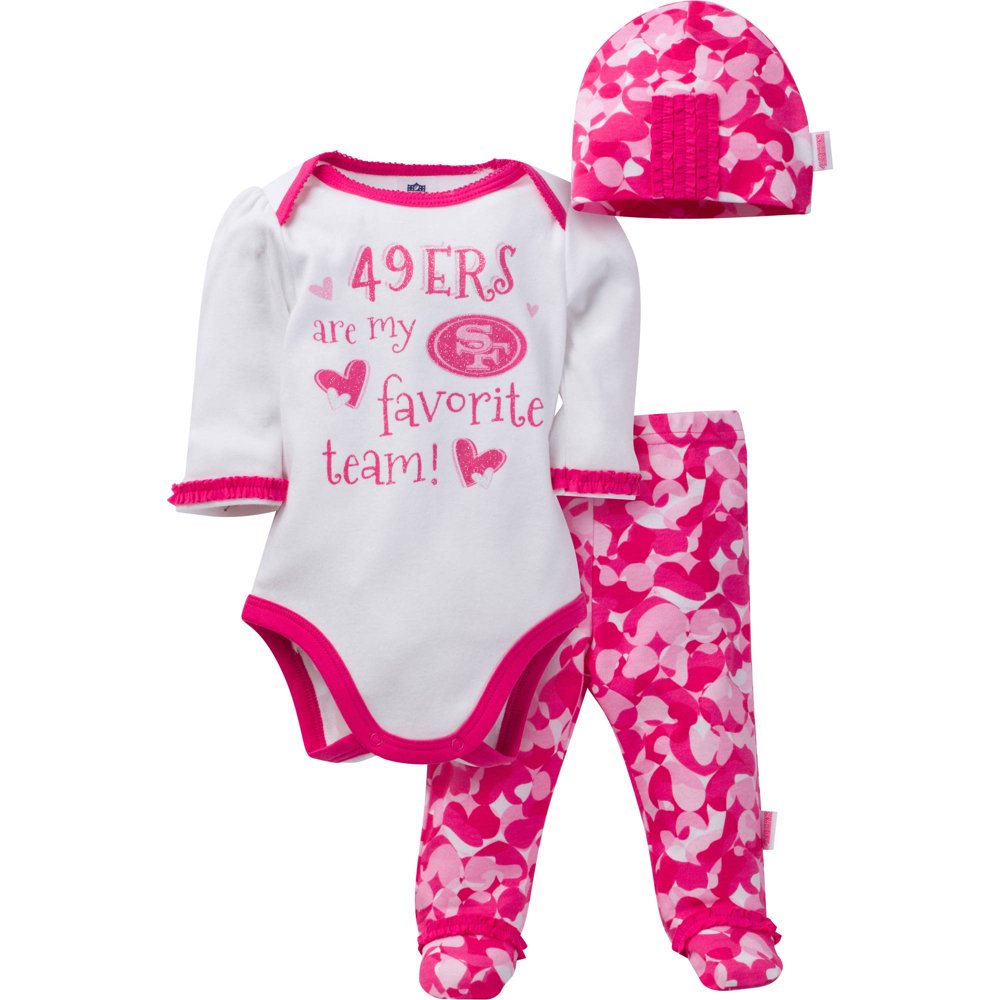NFL San Francisco 49ers Baby Girls Bodysuit, Pant and Cap Outfit Set, 3Piece