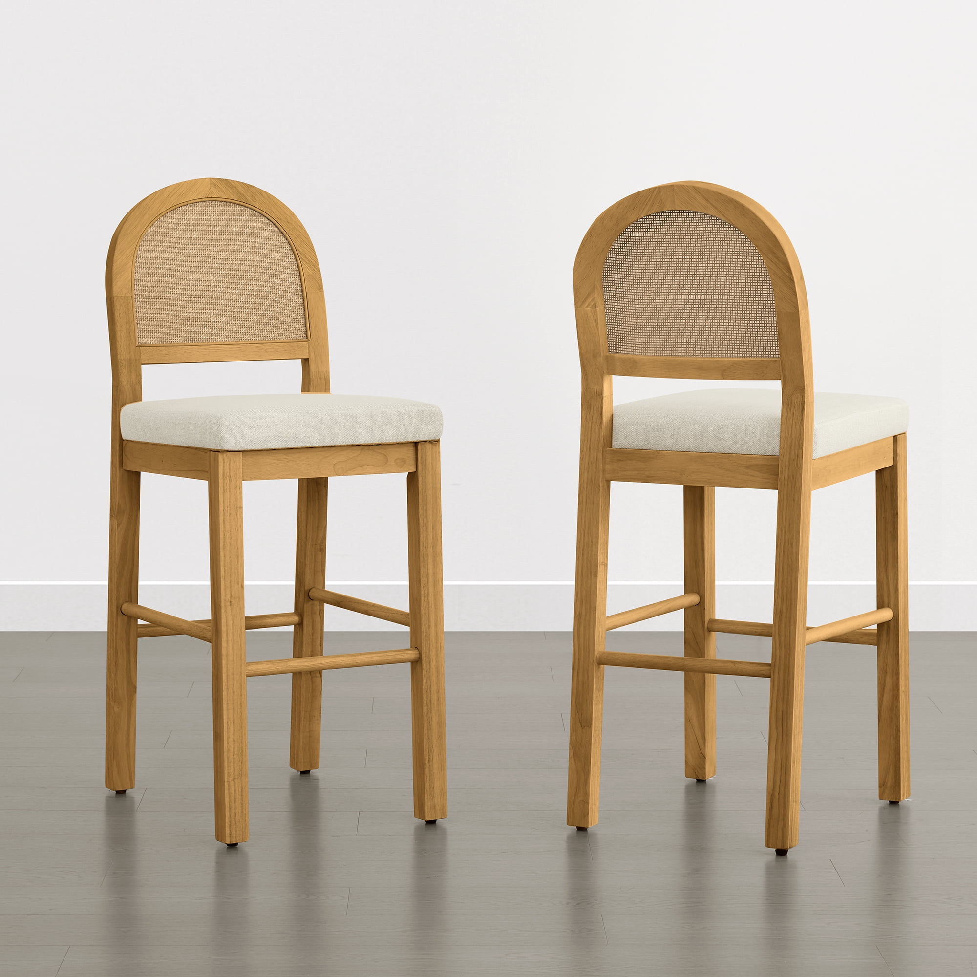 Spruce & Spring 30" Rattan Bar Height Bar Stools Set of 2 with Upholstered Seat, Walnut Wood Frame for Kitchen Island, Cream Fabric