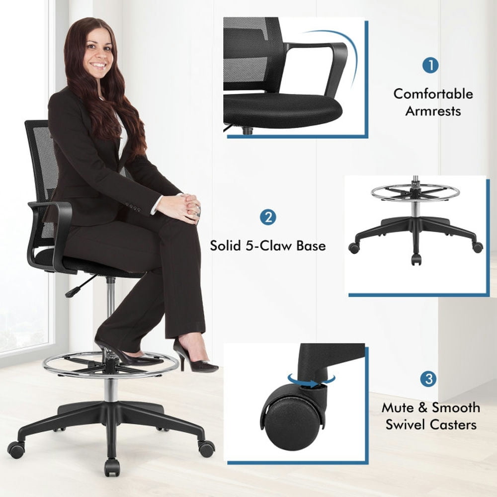 Demi Bonn Drafting Chair Tall Office Chair with Adjustable Height, Rolling Work Computer Desk Chair for Home, Bedroom, Study, Black