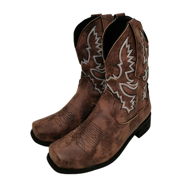 Oucaili - Botas vaqueras para mujer, estilo retro, bordadas, a media pantorrilla, punta cuadrada, botas vaqueras
