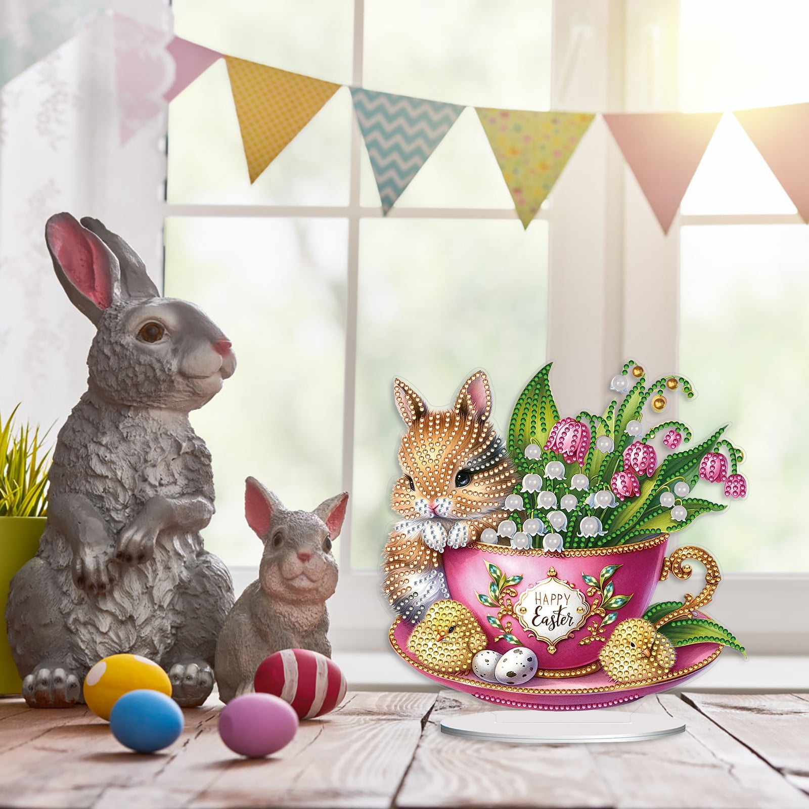 FLOPESN DIY Diamond Art Painting Easter Bunny Ornament Kits with Oval Base, Single-Sided Diamond Painting PET Craft for Home Decor