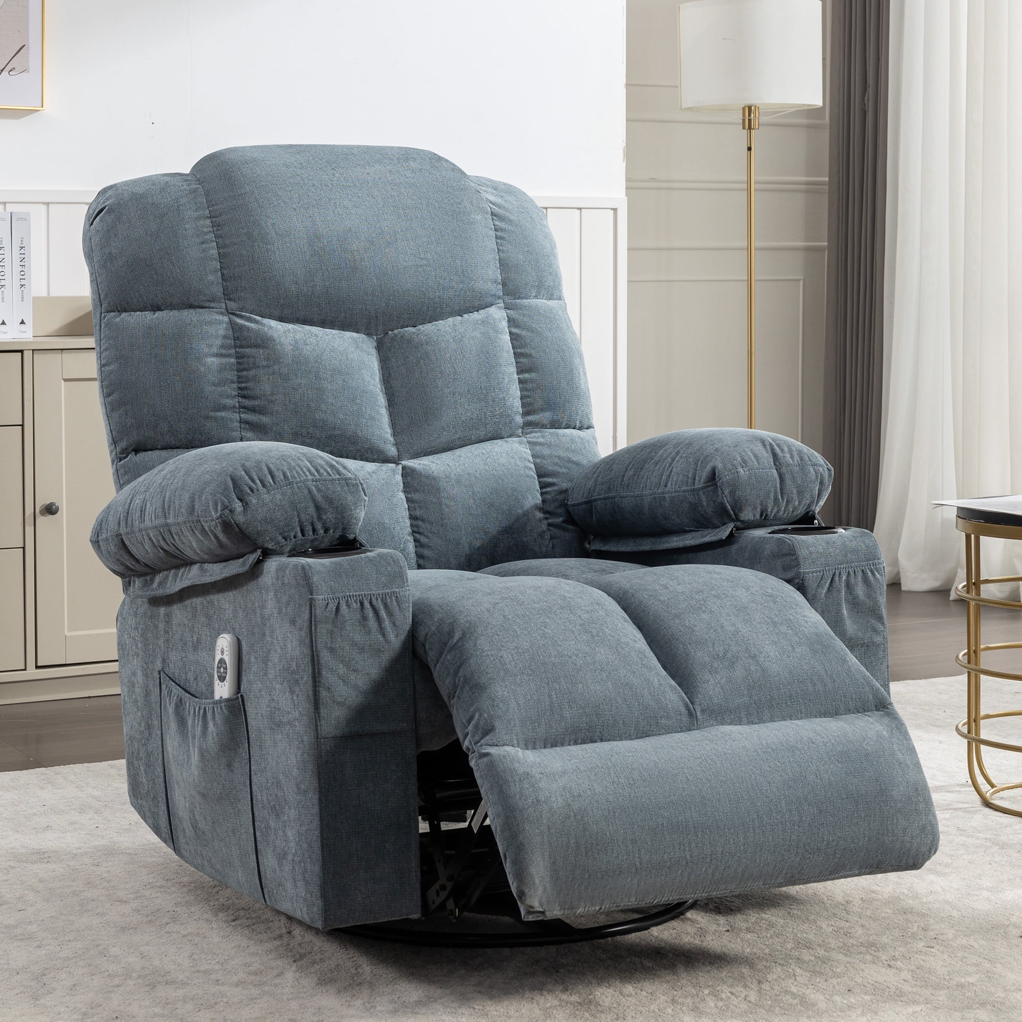Swivel Rocker Chair, LEGAHOME Manual Glider Rocking Chair for Nursery with Massage and Heat, 22.8in Glider Massage Recliner Chairs for Adults, with Cup Holder and Side Pocket, Blue
