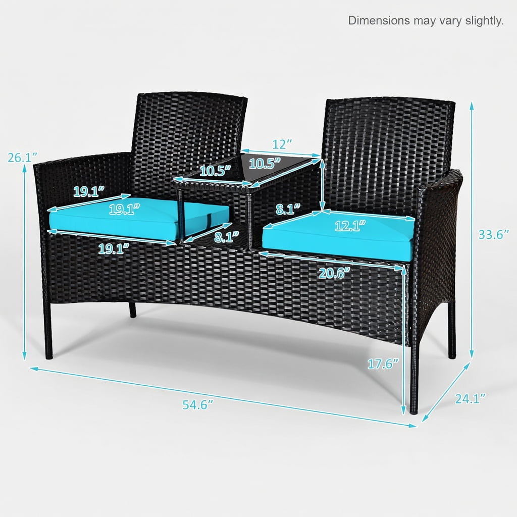 Hommoo Wicker Patio Conversation Set, Outdoor Sofa Set with Removable Cushions, Tempered Glass Table, Weather-Resistant Rattan, for Balcony, Poolside & Garden, Turquoise