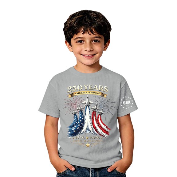 lnmuld Independence Day Boys "250 Years America Strong" Patriotic Graphic Short Sleeve T-Shirt Color:Grey,Size:12-13 Years