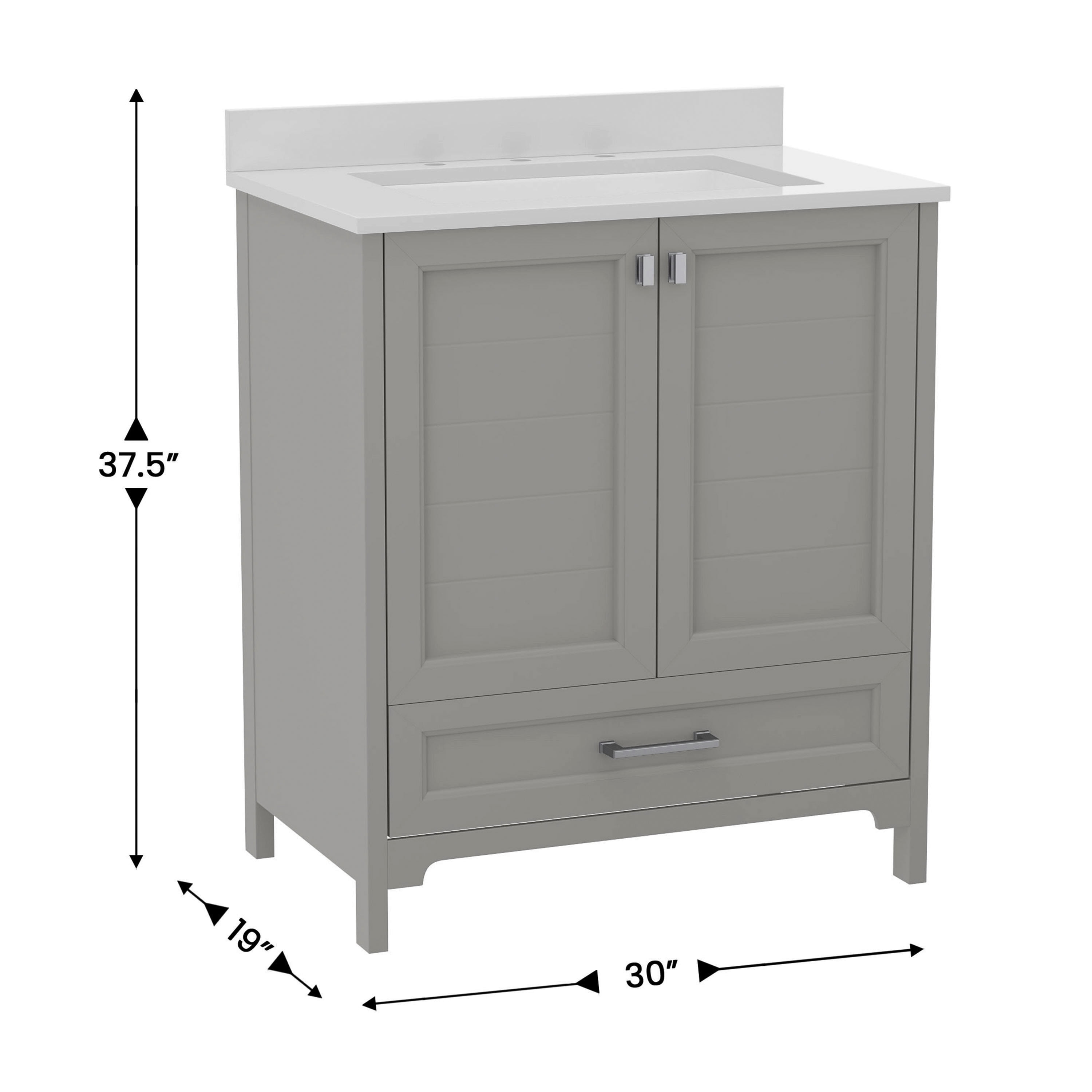 BizChair 30 Inch Bathroom Vanity with Sink, Storage Cabinet with Soft Close Doors and Bottom Drawer, Carrara Marble Finish Countertop, Gray