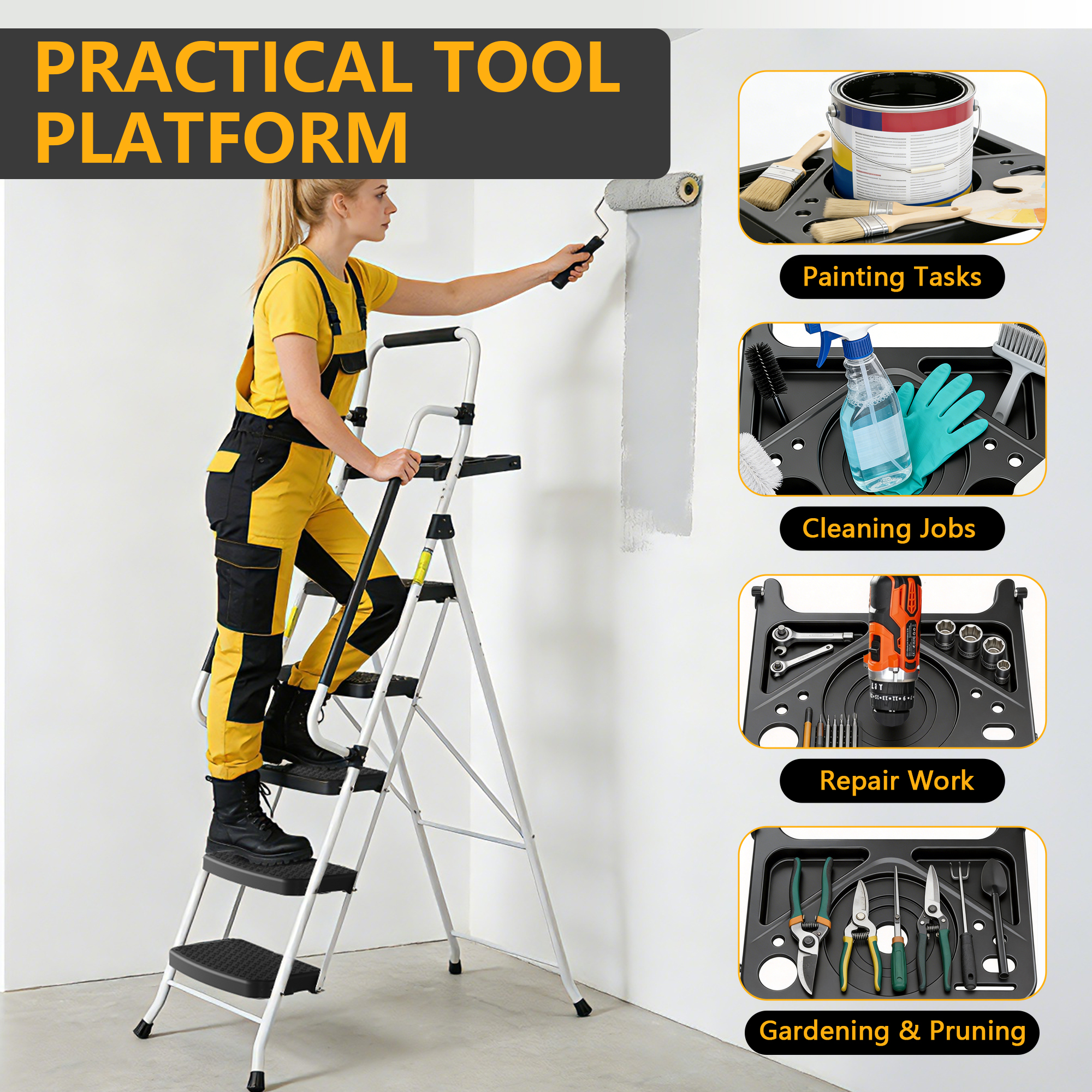 HBTower Folding 5-Step Ladder with Handrails and Tool Tray photo 4