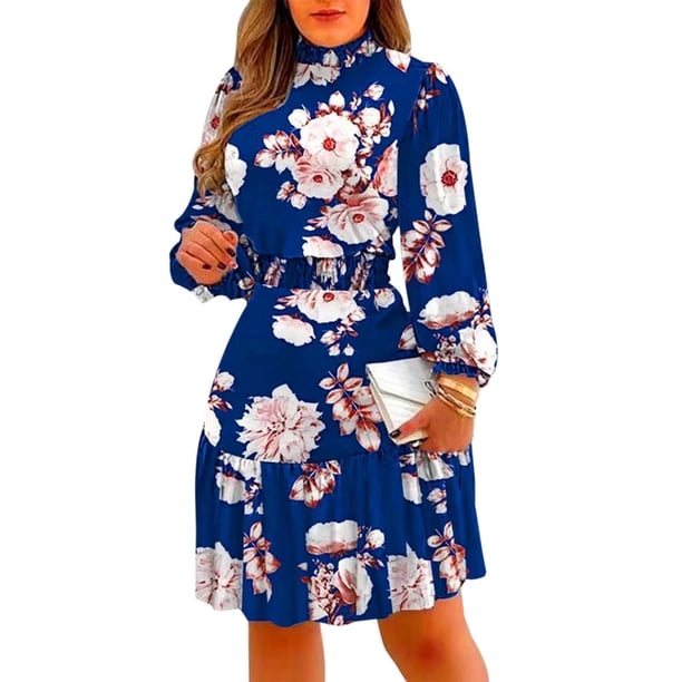WILLBEST Vestidos Vestido Largo de Cuello Alto con Volantes y Estampado Floral Dulce para Mujer Fresco y con Estilo Chica