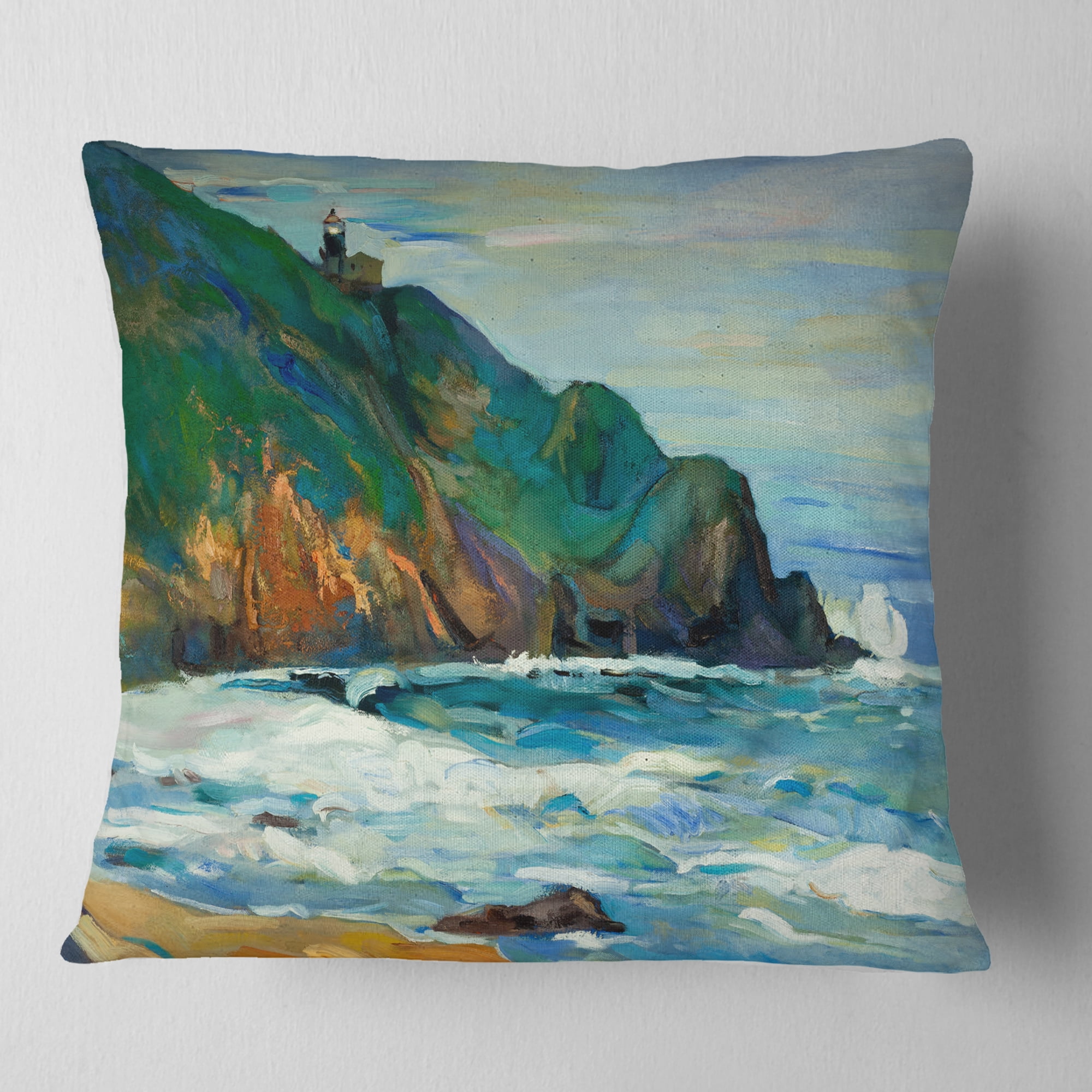 Designart Lighthouse - Landscape Painting Throw Pillow - 16x16