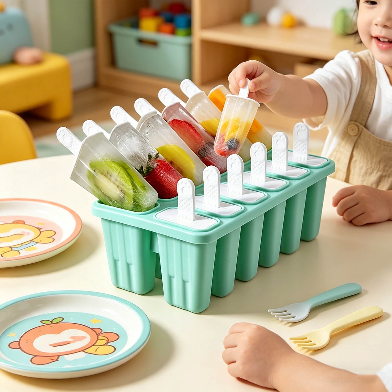 12 Cavity Silicone Popsicle Molds Set with Reusable Sticks Easy Release Food Grade Ice Cream Bar Maker for Homemade Frozen Treats Juice Fruit Dessert Freezer Summer Kitchen Homemade Dessert Mold Set